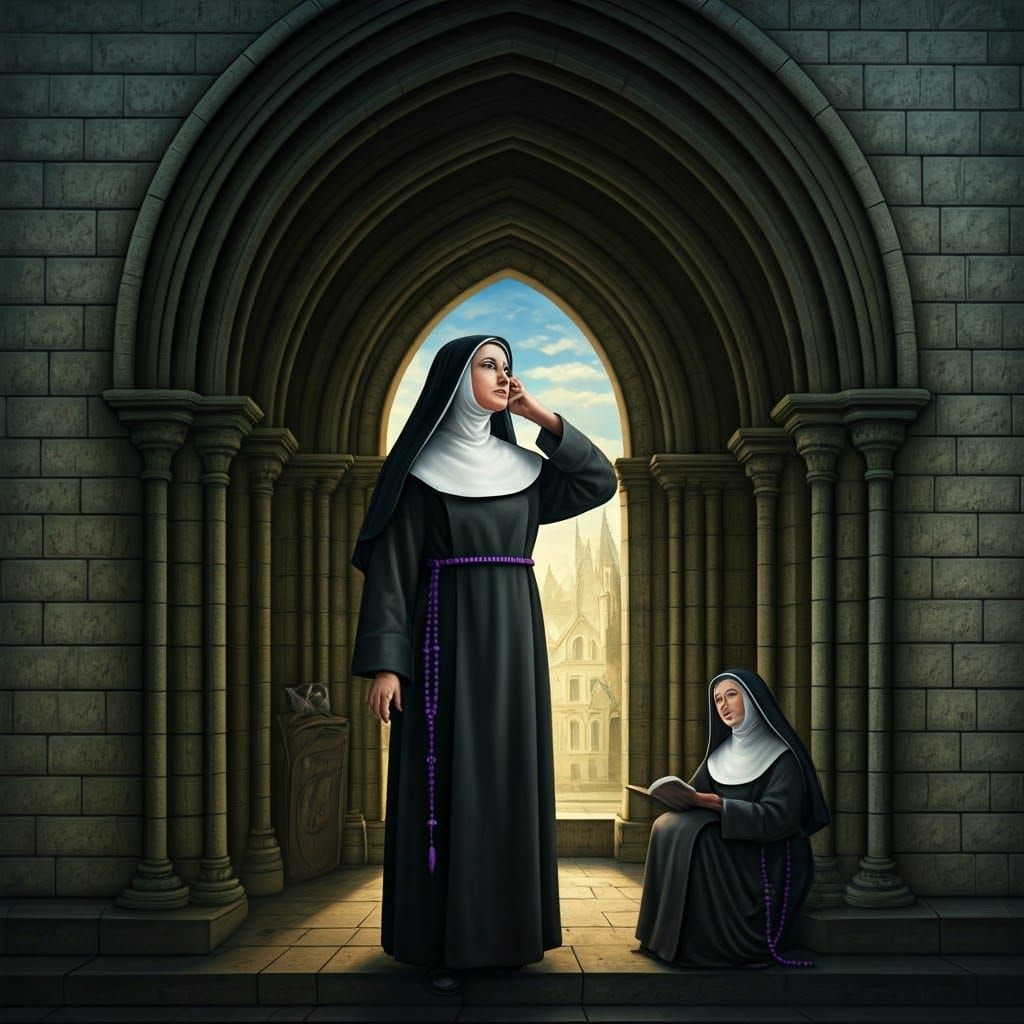Catholic Nuns in Contemplation, under Gothic Arch