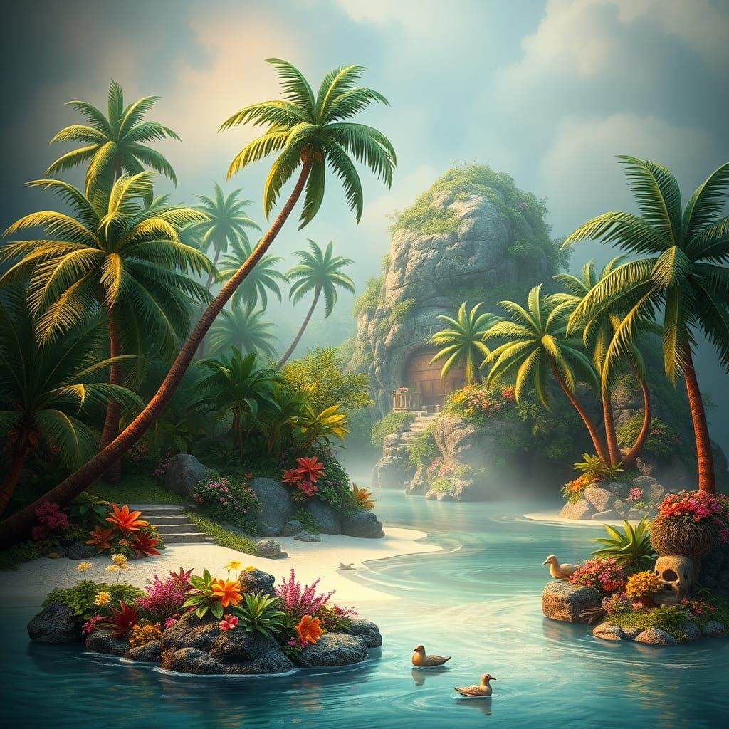 Island Paradise in Dreamlike Fantasy Art Style