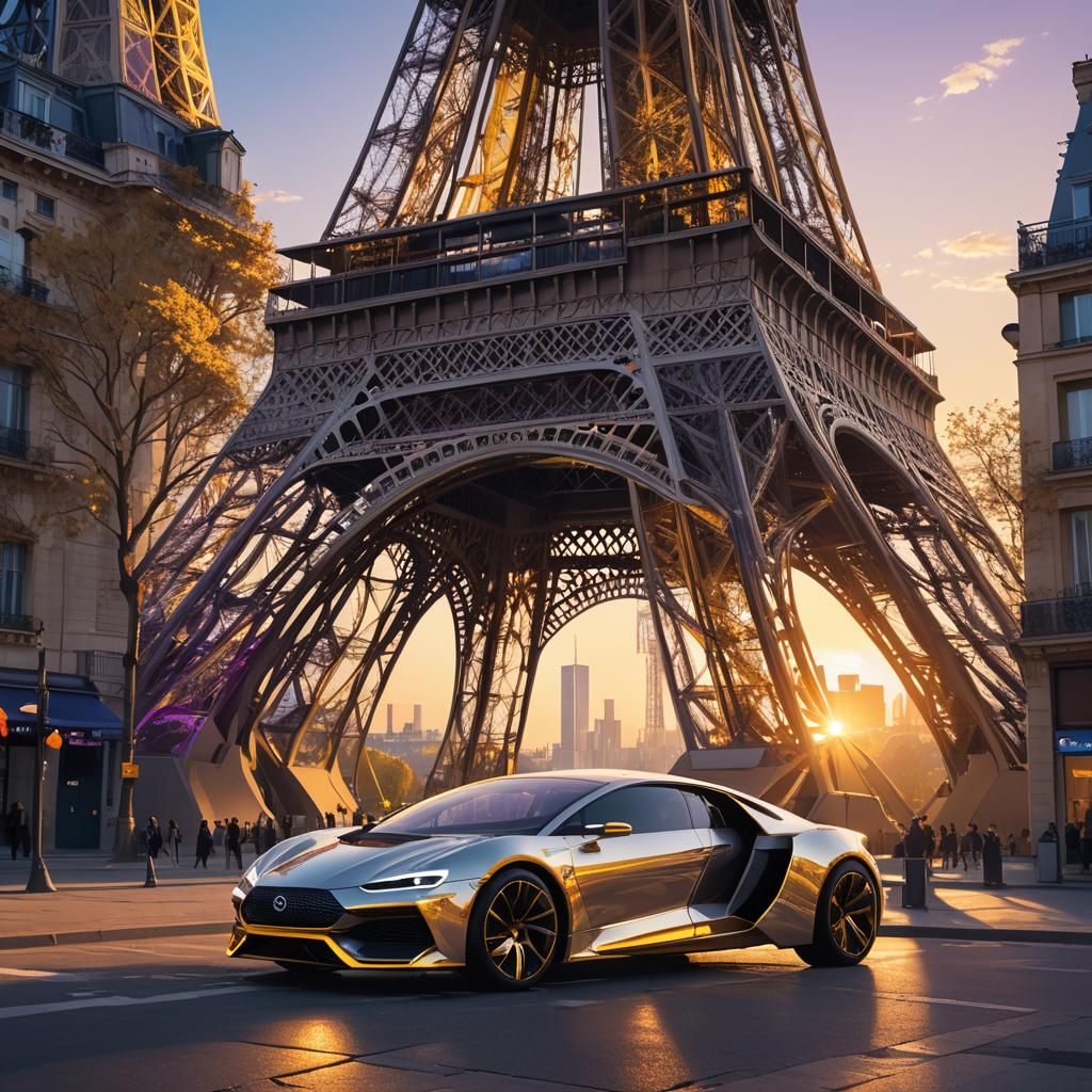 Futuristic Vehicle at Eiffel Tower in Neon Cityscape