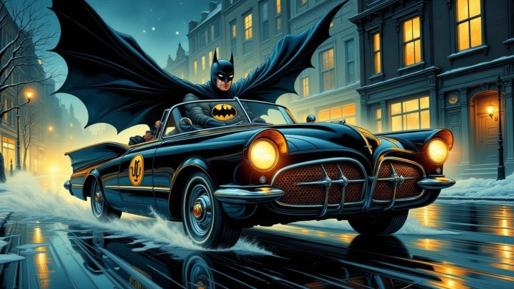 A 1950s comic book style illustration of  Batman riding in the Batmobile!