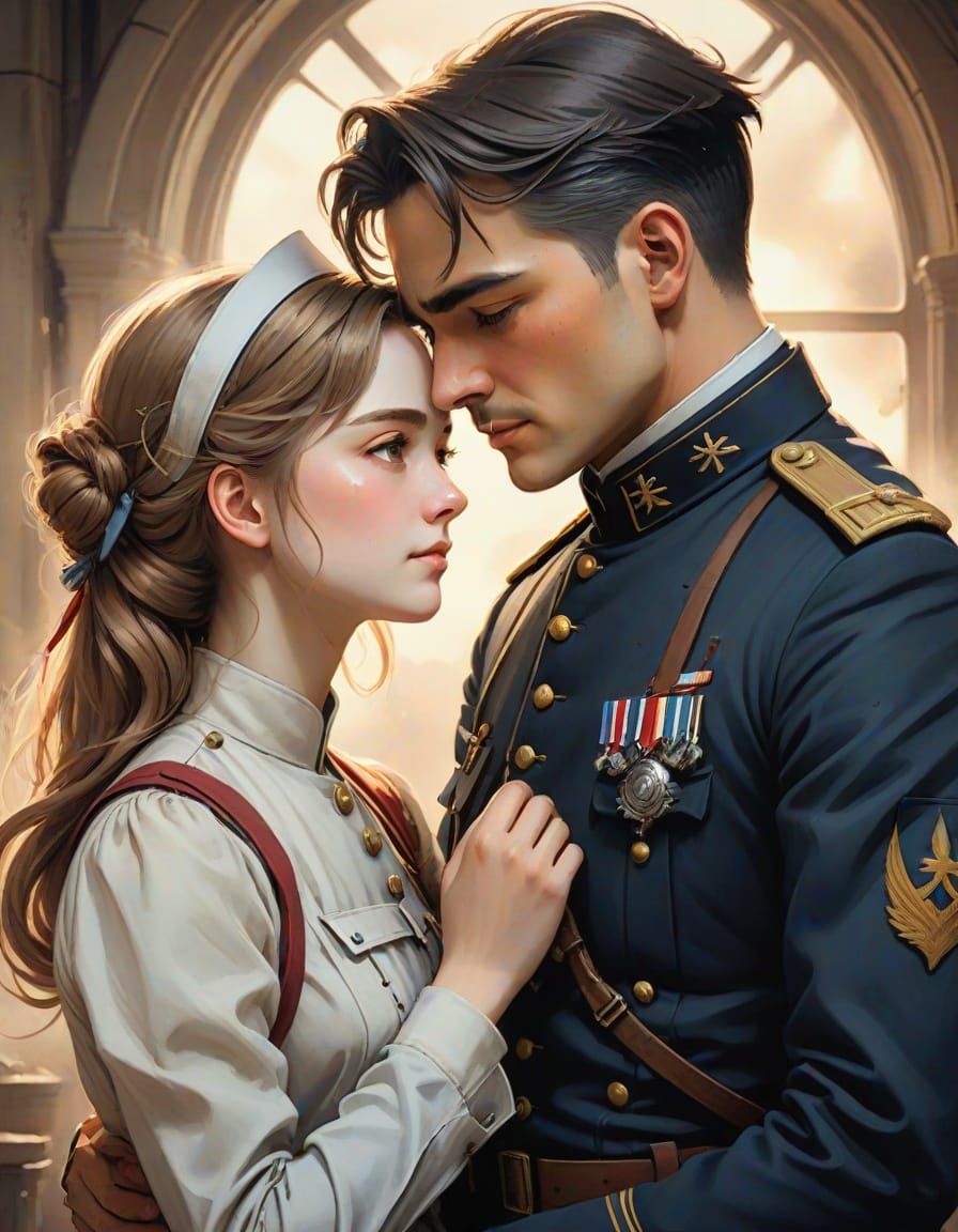 Romantic Anime Portrait of Star-Crossed Lovers in War-Torn W...