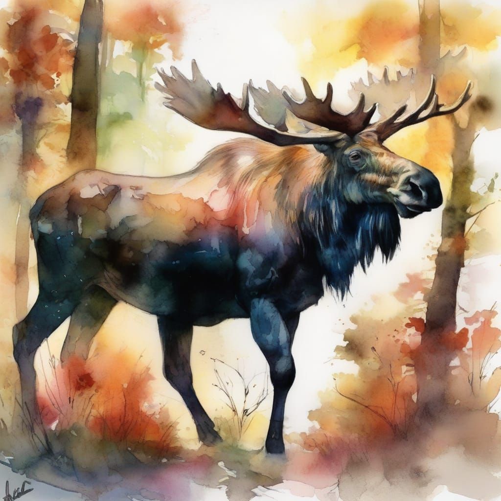 Vibrant Moose Concept Art in Watercolour Ink Style