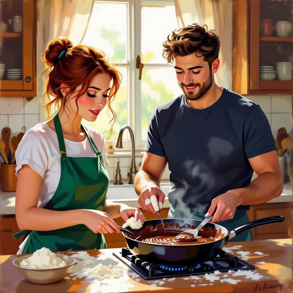 Flustered Woman and Smiling Man in Impressionistic Kitchen