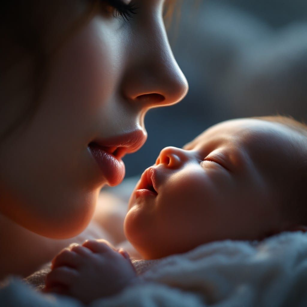 Mother's Gentle Kiss in Hyperrealistic Detail