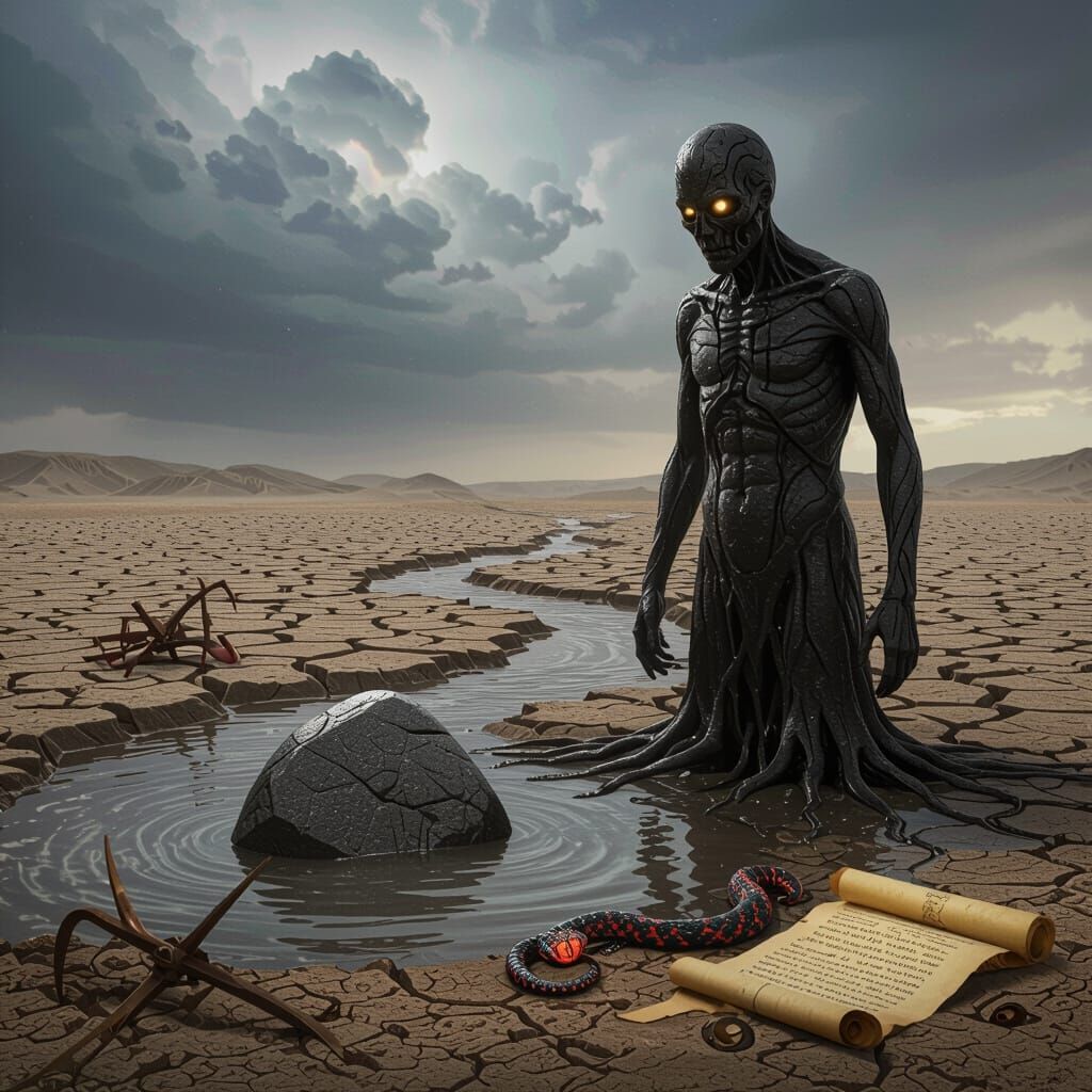 Monolithic Entity and Serpent in Medieval Illumination Style