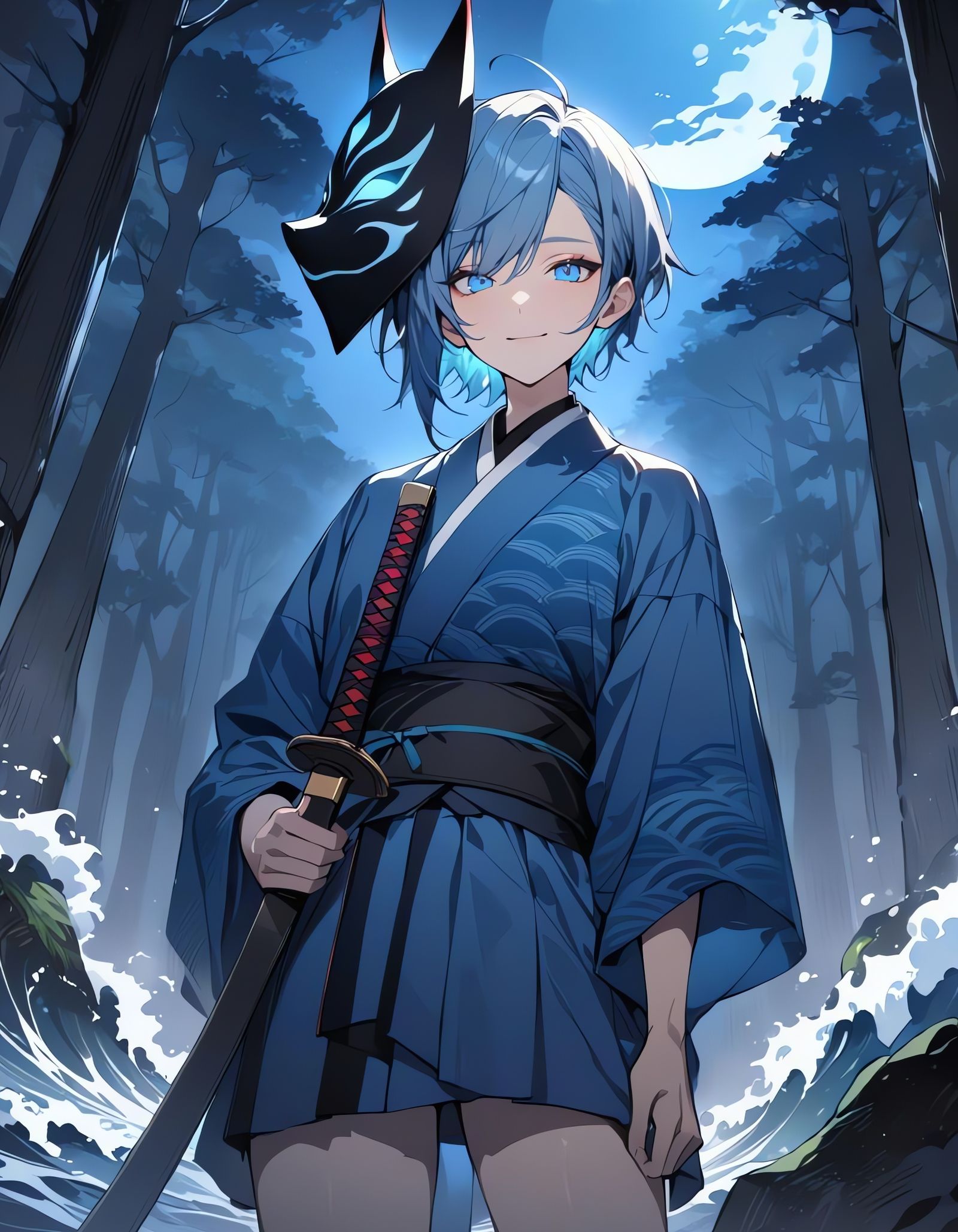 Blue-Haired Swordsman in Moonlight with Kitsune Mask
