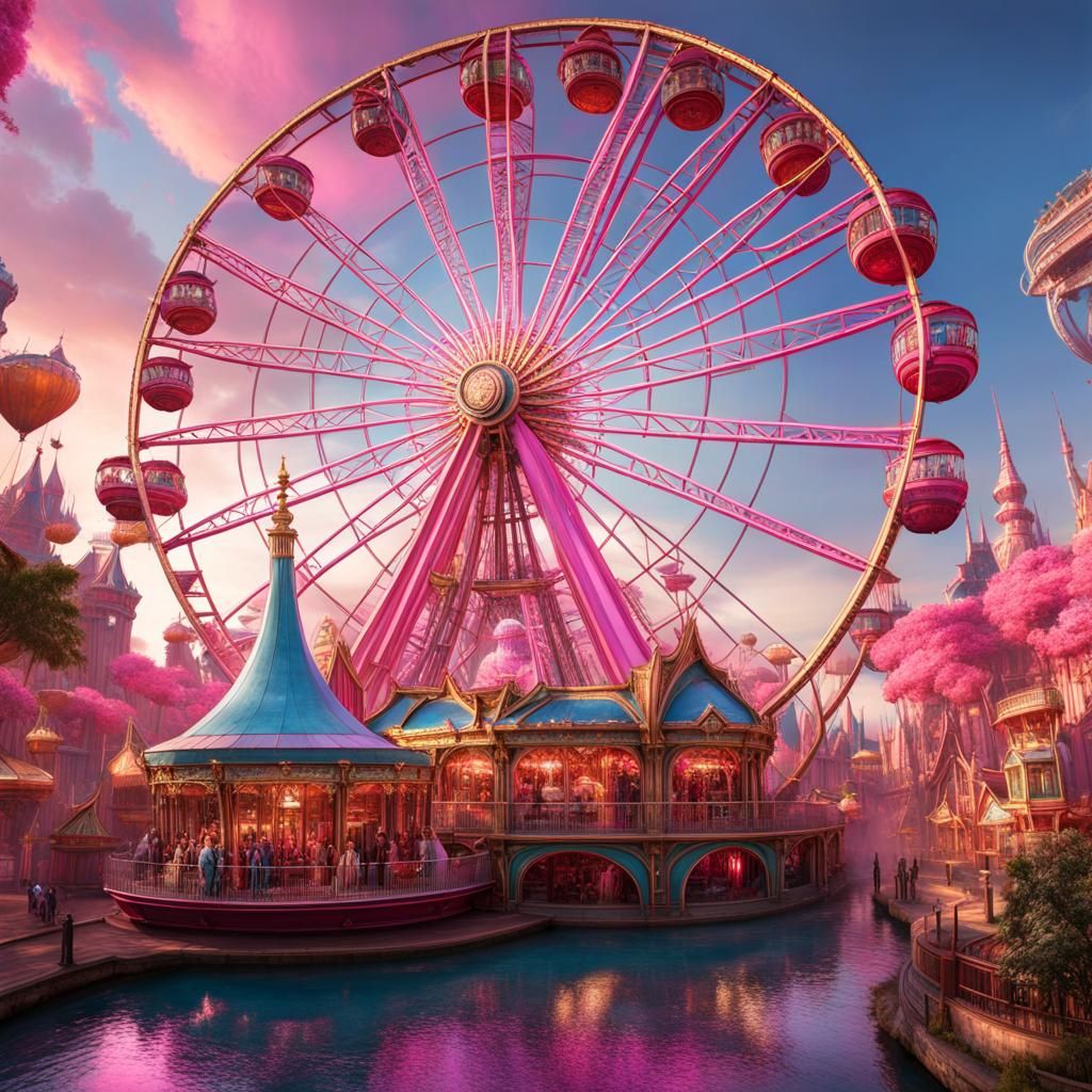 Ethereal Pink Fantasy Theme Park with Gold Dust