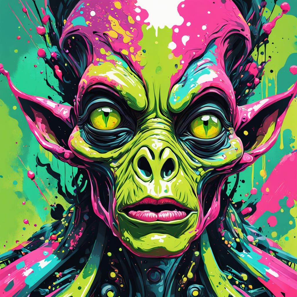 Neon Green Alien Portrait in Vibrant Graffiti Style