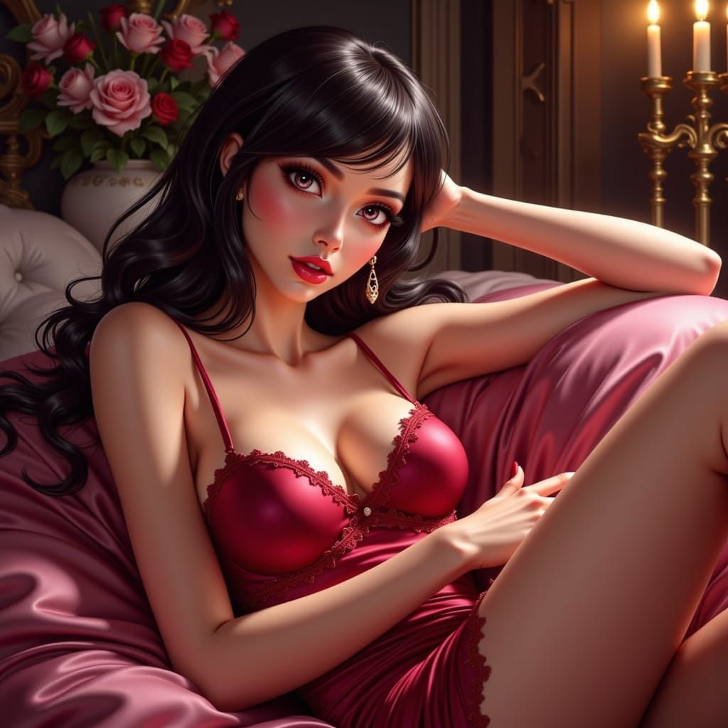 Elegant Anime Woman in Romantic Bedroom Scene