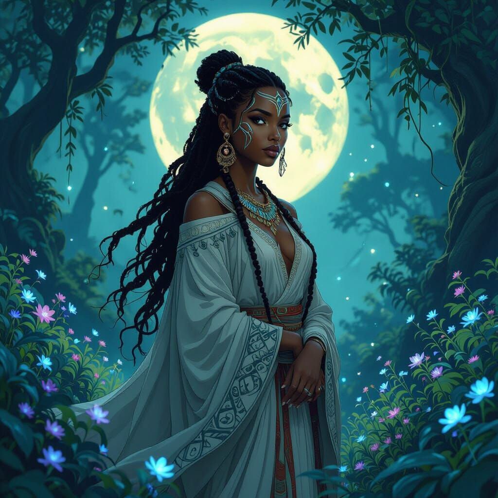 Mystical African Woman in Bioluminescent Forest, Art Nouveau...