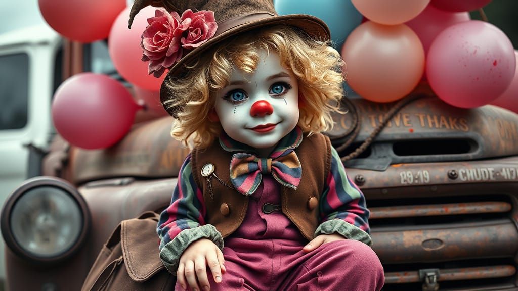 Steampunk Hobo Clown with Balloons in Photorealistic Style