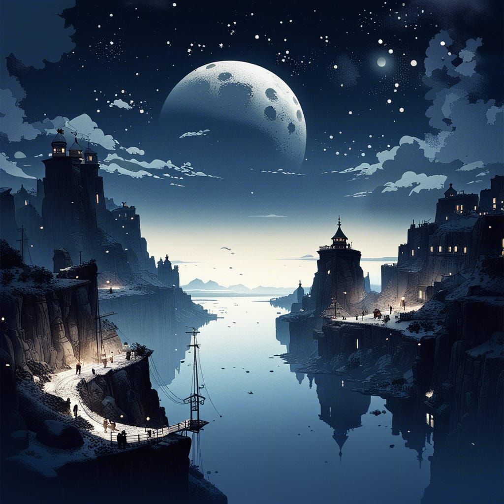 Snowy Floating Island Civilization at Night