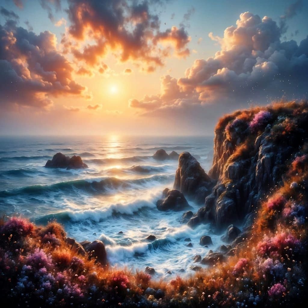 Dreamy Seaside Cliffs at Sunset Digital Painting