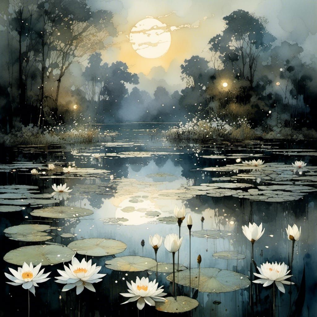 Water Lilies on Lake with Fireflies in Watercolor Style