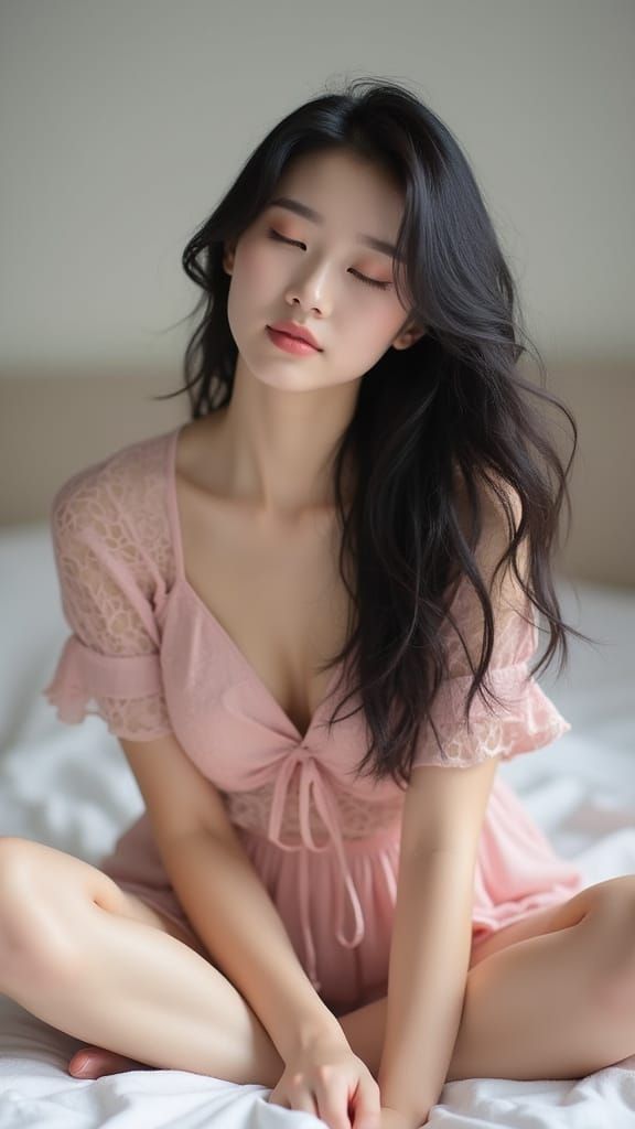 Elegant Korean Woman in Pink Lace Outfit