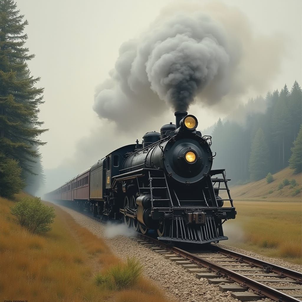 Majestic Steam Locomotive Chugs Along Foggy Railway