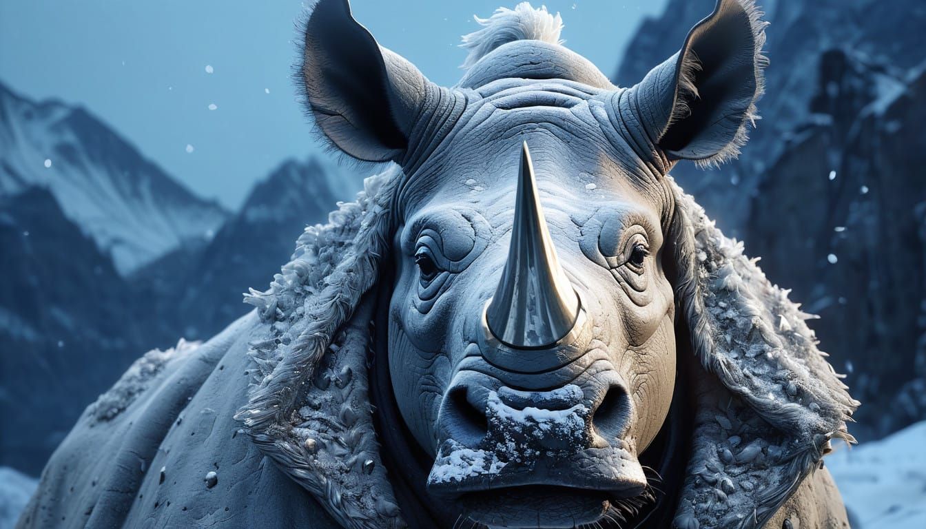 Regal Winter King Rides Frost-Covered White Rhinoceros in Hy...