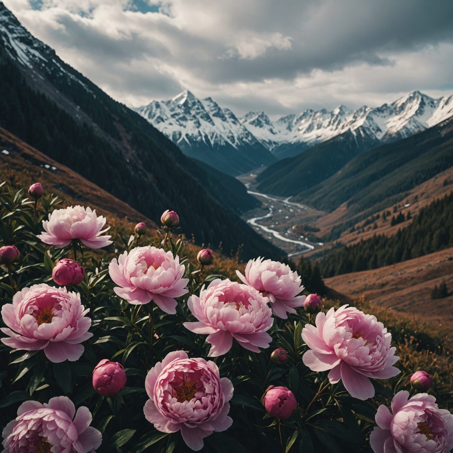 Autumn Peonies in Snowy Mountains: Cinematic Film Still