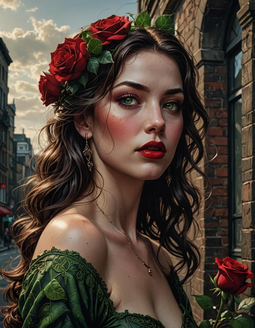 Brunette with Rose: Hyperrealistic Comic Book Art
