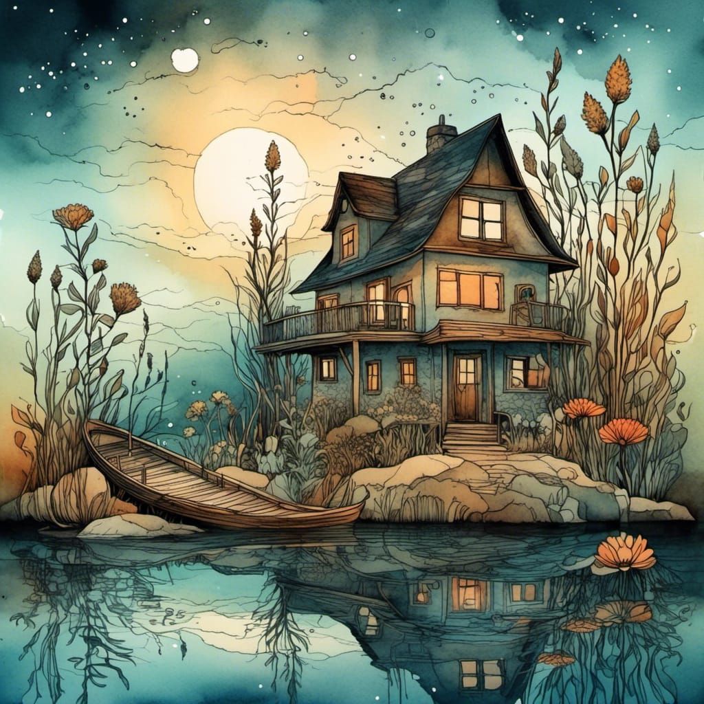 Cozy Witch's Home on the River, Watercolor Illustration