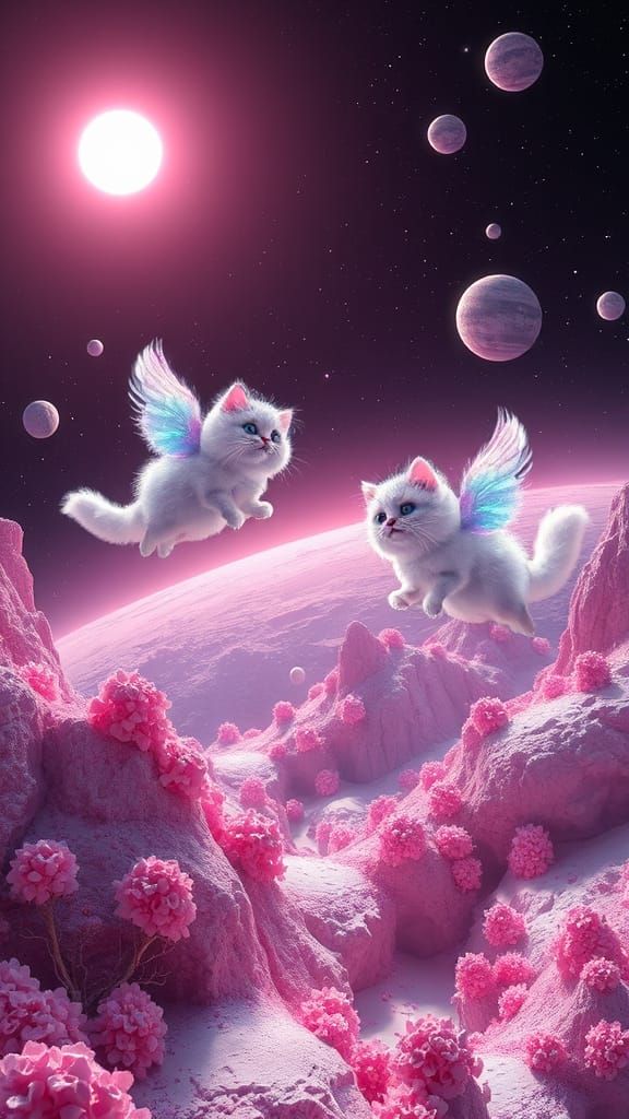 Futuristic Planet with Flying Fluffy Cats in a Whimsical Pin...