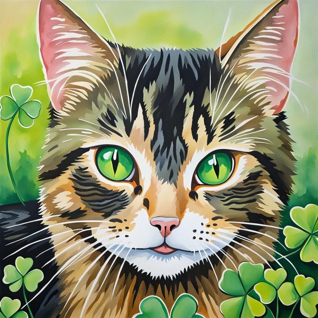 Cat in Ireland Amongst Green Clover: Gouache Painting
