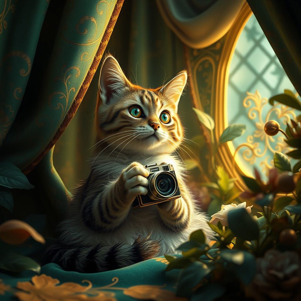 Whimsical Cat in Mystical Chamber