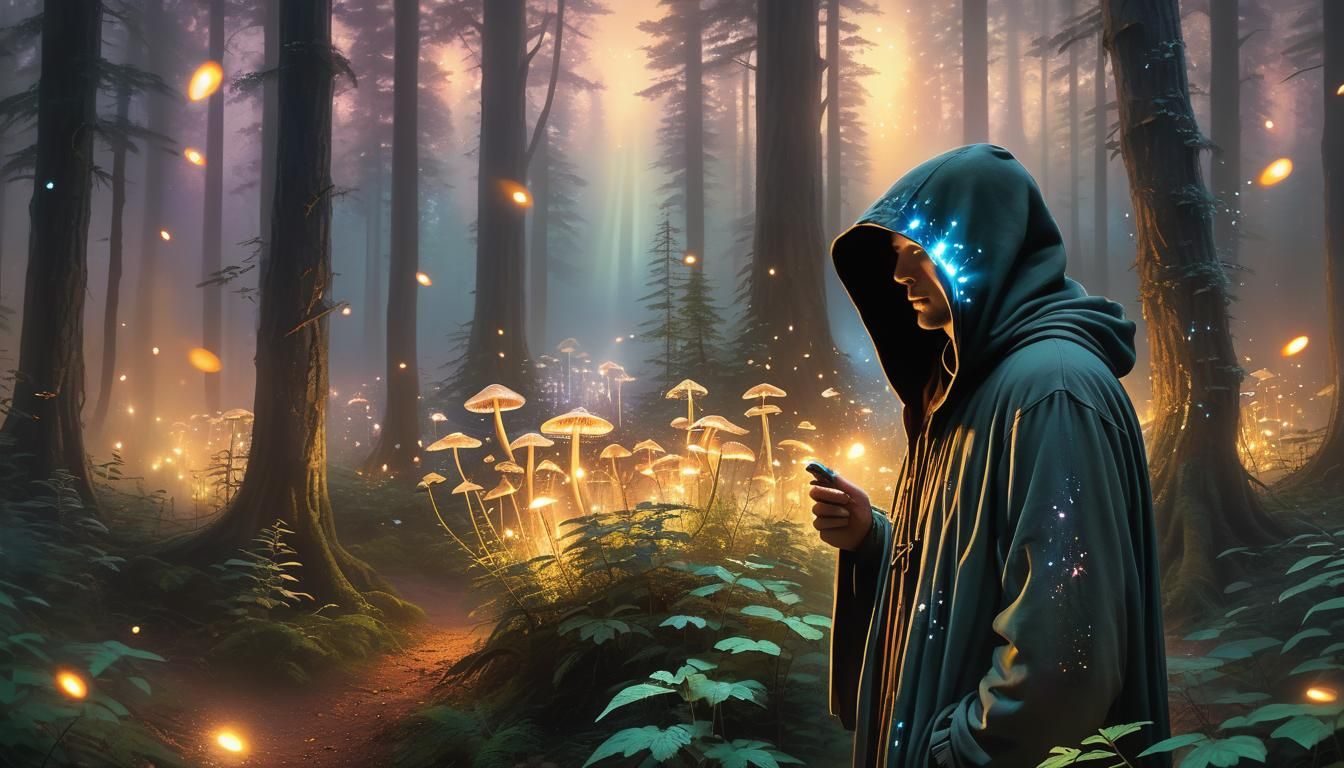 Ethereal Hooded Figure in Glimmering Forest