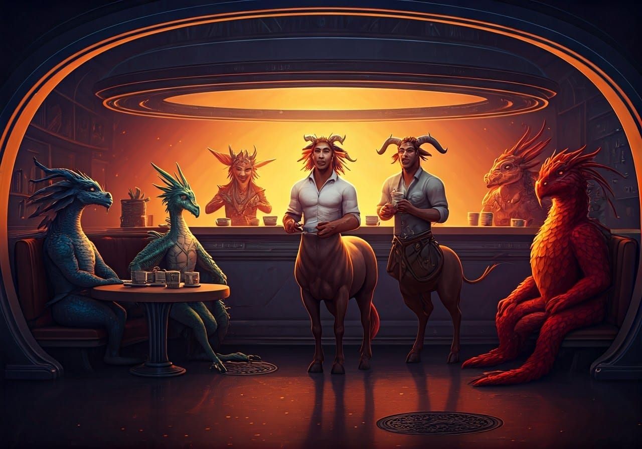 Fantasy Cafe with Mythical Patrons in Pixar Style