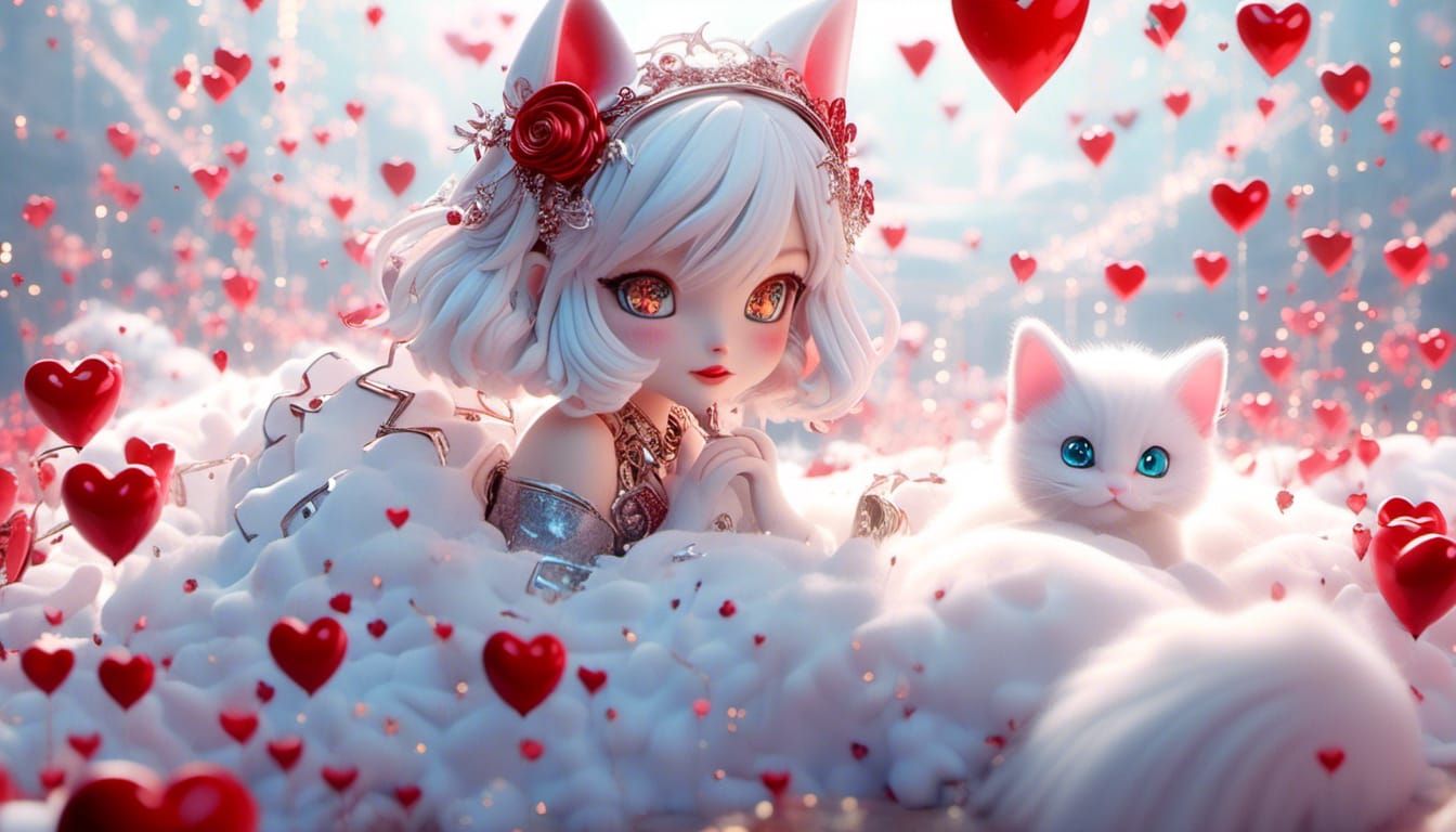 <lora:Dolls alike:1.0> shiny heart bed of fluffy white chibi kitten ,red shiny hearts Playful. Cute. Fluffy ethereal fan...