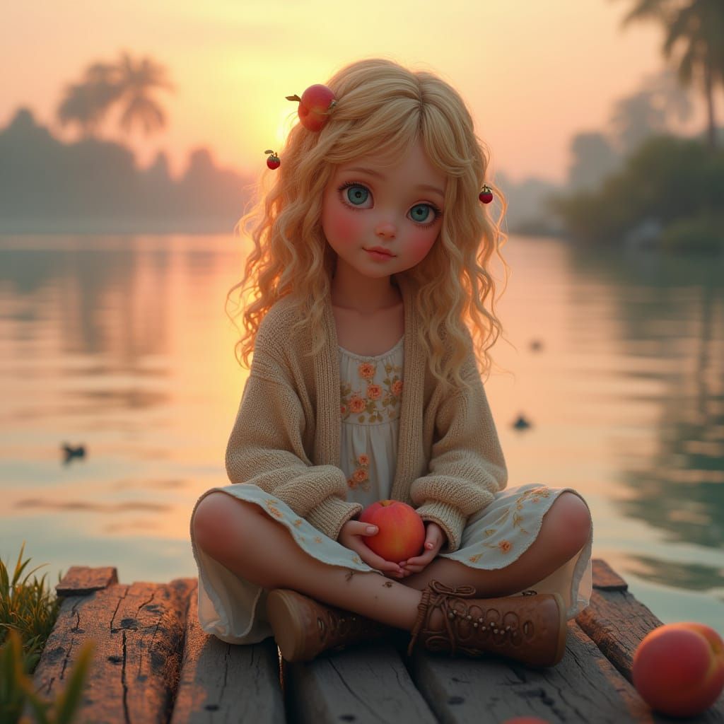 Girl with Fruit Adornments on Dock at Sunset