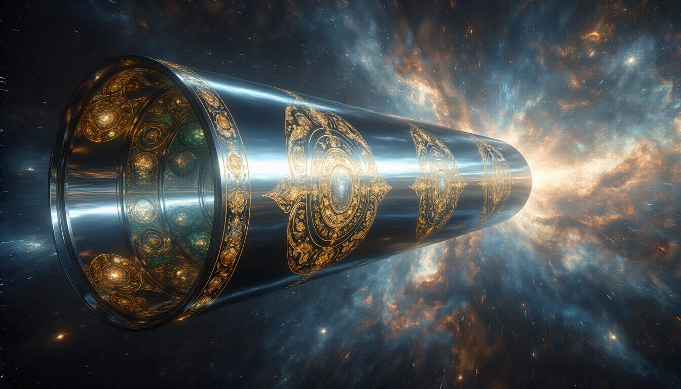 Massive Cylinder Starship in Deep Space, Klimt-Inspired Desi...