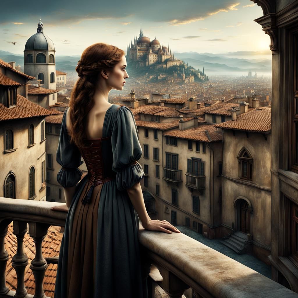 Girl on Balcony in Da Vinci Style