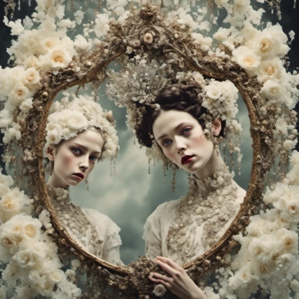 Twin Princesses Reflected in Dark Fantasy Mirror