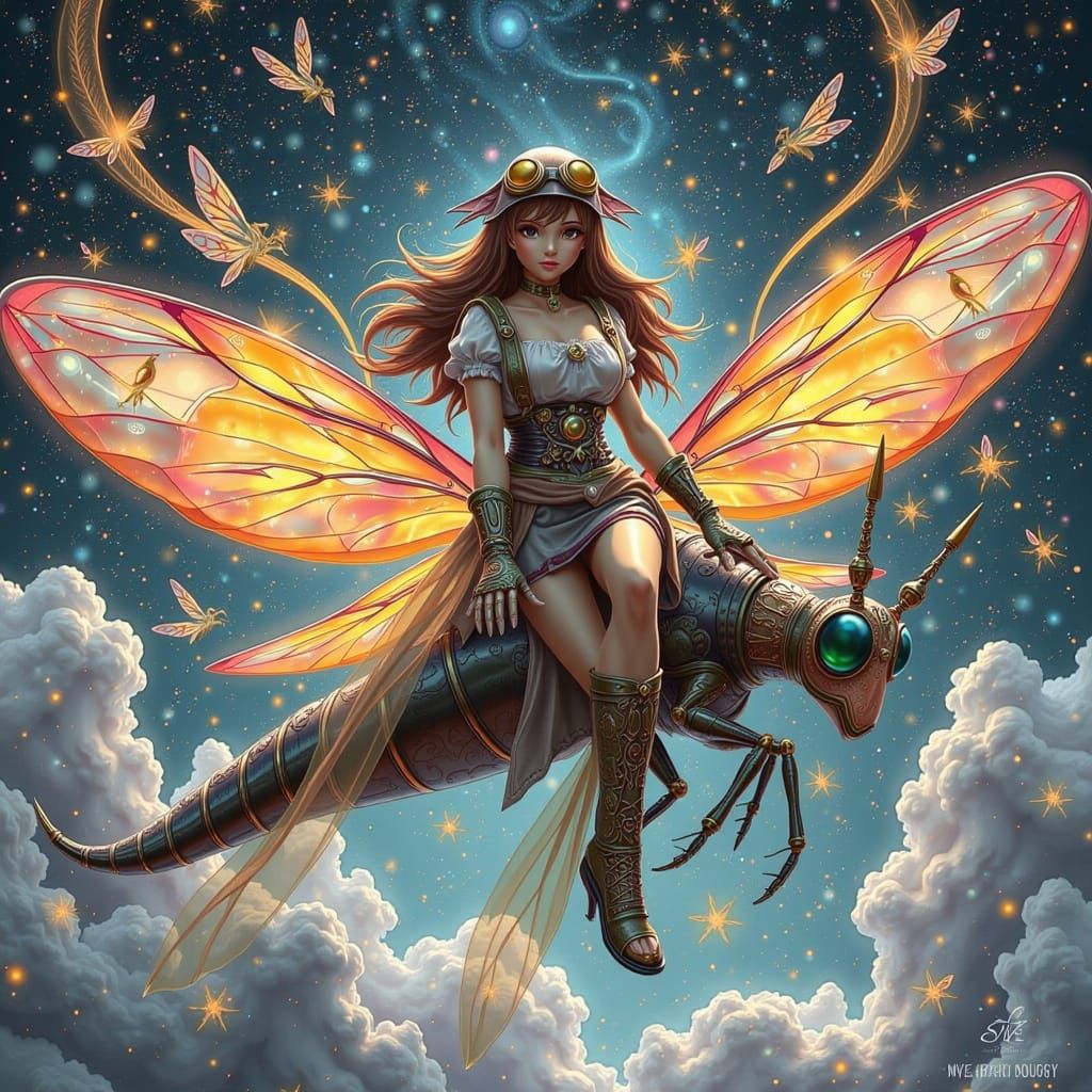 Steampunk Dragonfly Soaring Through Starry Cosmos