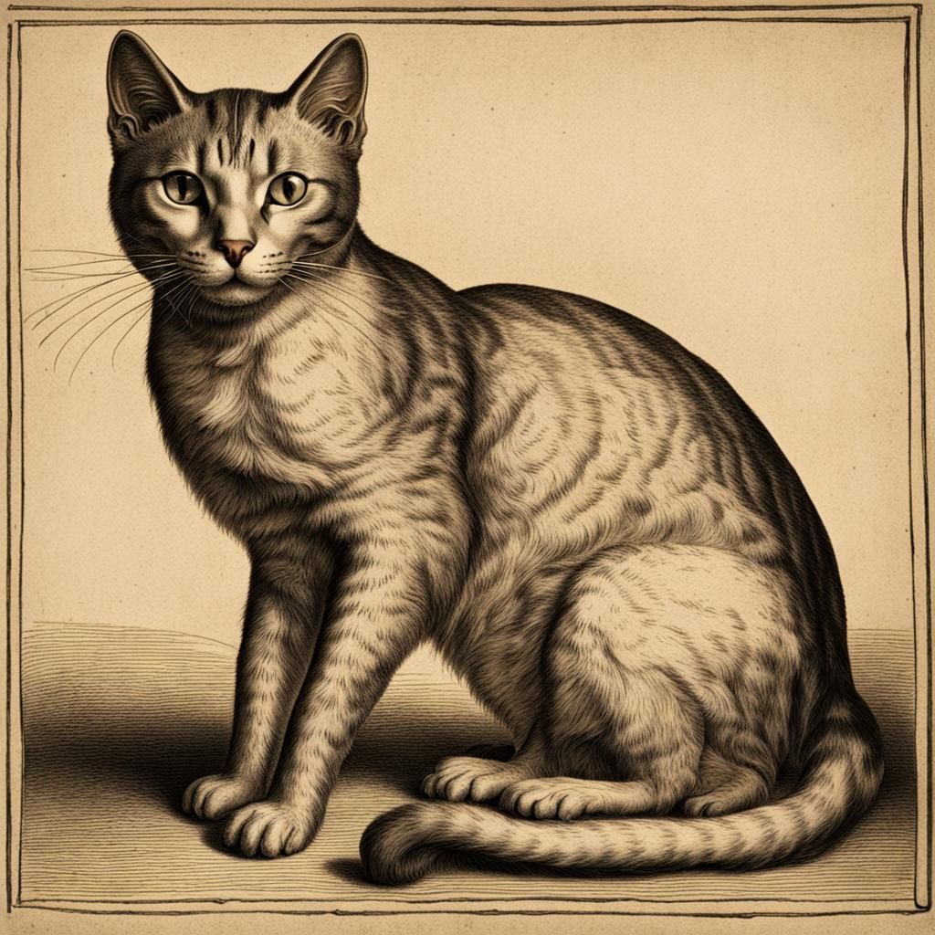 Antique Medieval engraving is drawn of a cat and its body parts