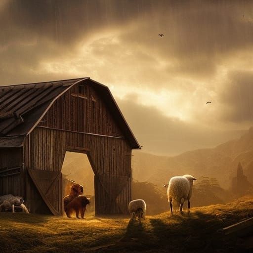 Glowing Sheep Herder and Dog in Barn Interior