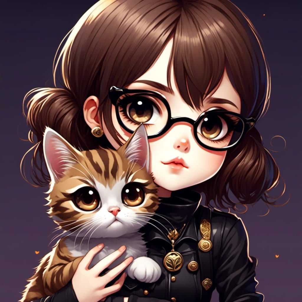 Chibi Emo Girl with Cat in Digital Art