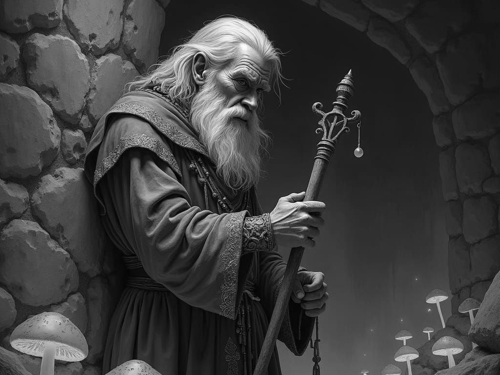 Weary Wizard in Pencil Sketch Style