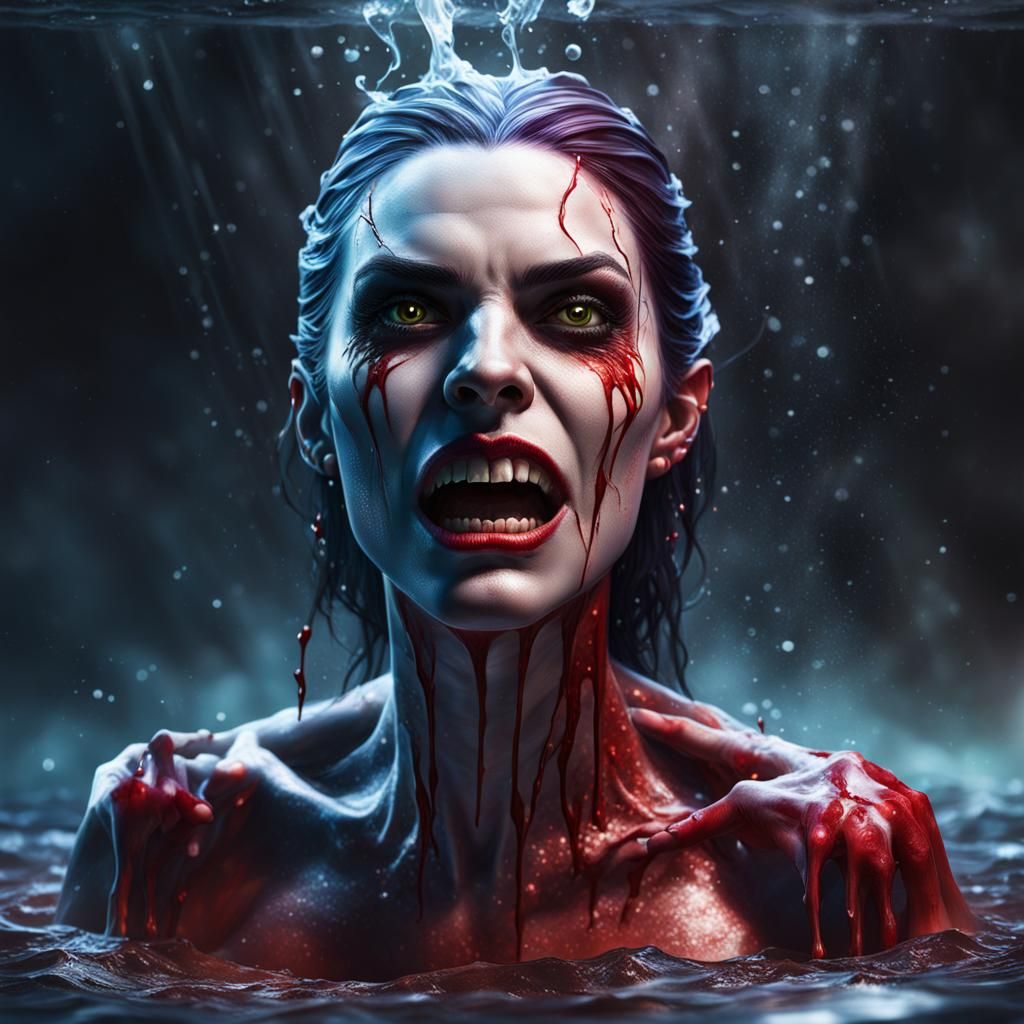 Hyperrealistic Female Vampire Bathing: Splash Art
