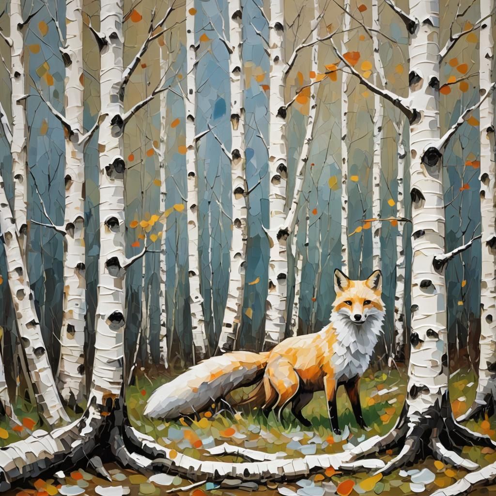 Fox in Birch Forest: Impasto Painting