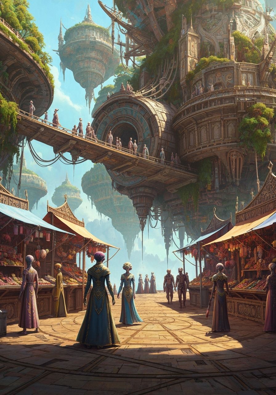 Alien Market on Floating Contraption in Sci-Fi Fantasy Style