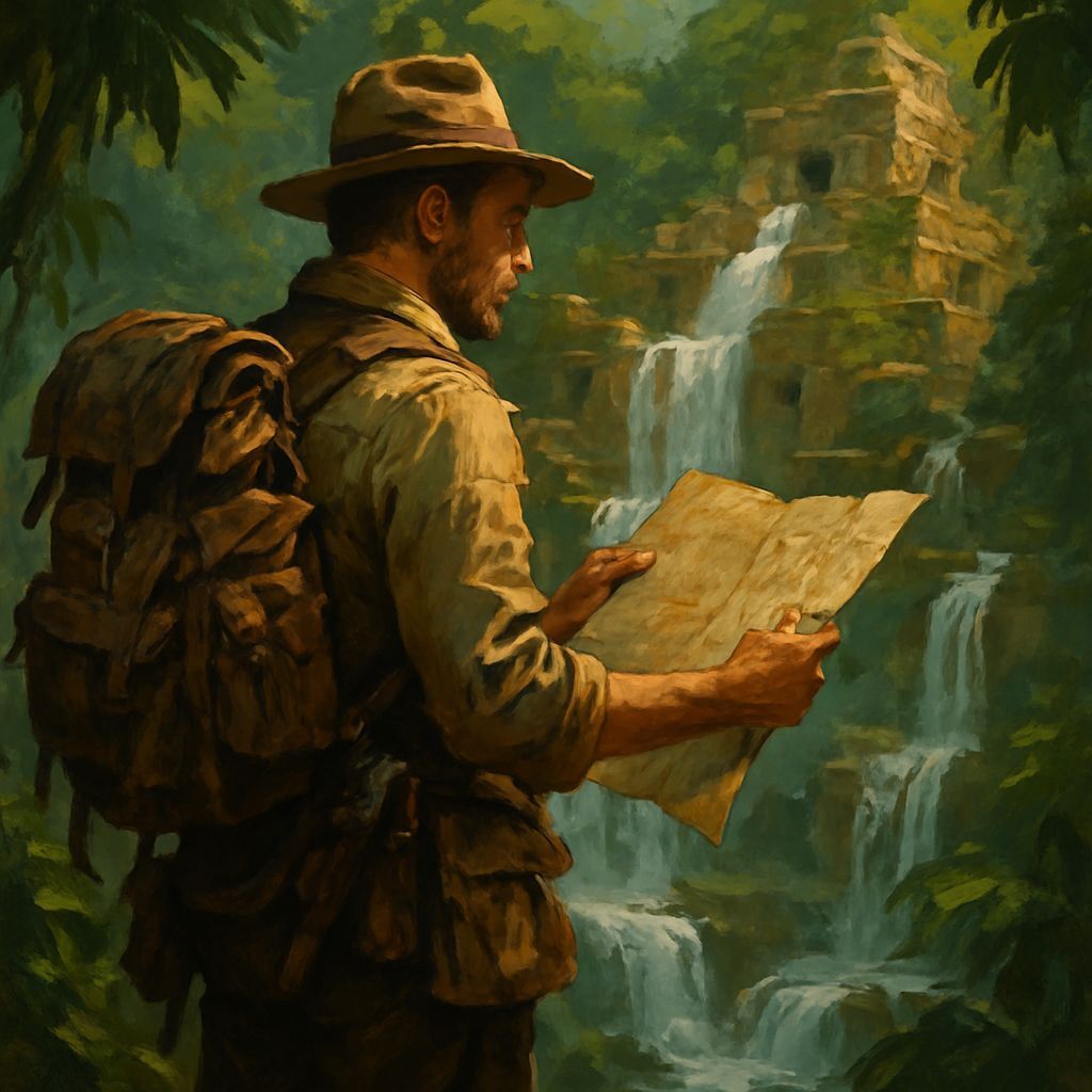 Explorer Discovering Ancient Ruins in Lush Jungle