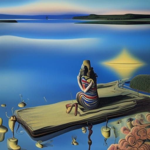 Surreal Landscape with Melting Chair and Ripples on a Serene...