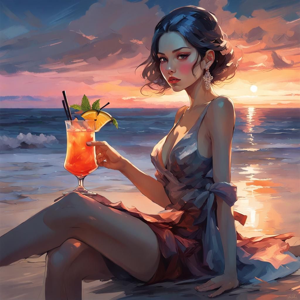 Elegant Woman with Cocktail on Beach at Twilight