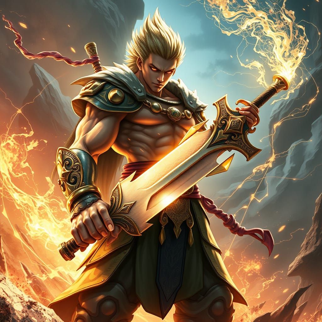 Regal Anime Warrior with Magical Aura and Epic Sword