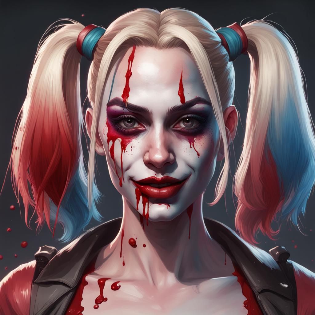 Harley Quinn Blood Portrait in Hyperdetailed Style