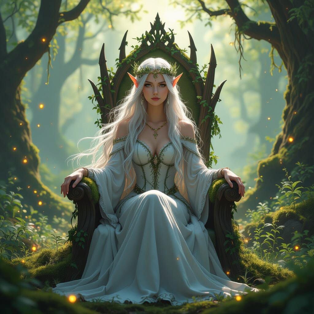 Elven Queen on Forest Throne, Fantasy Art