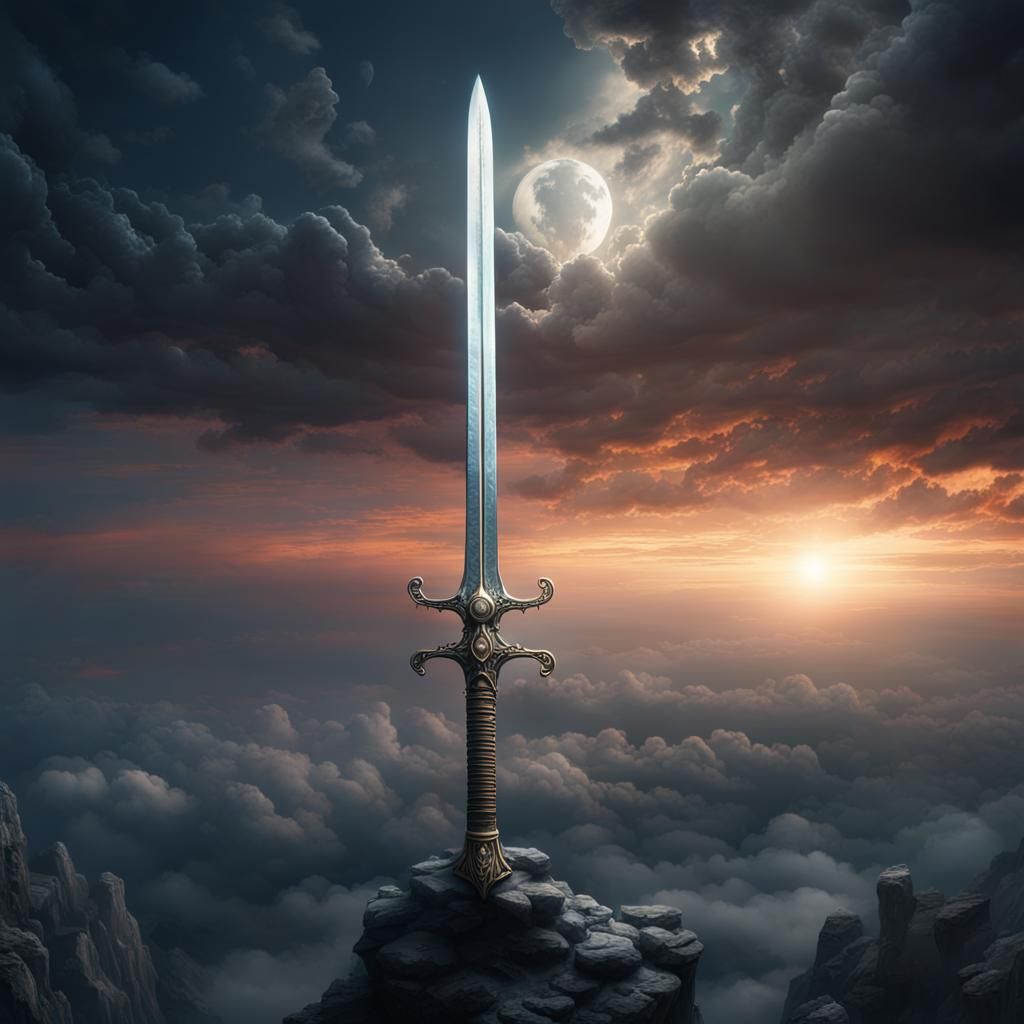 Flying Sword in Night Sky: Epic Digital Painting