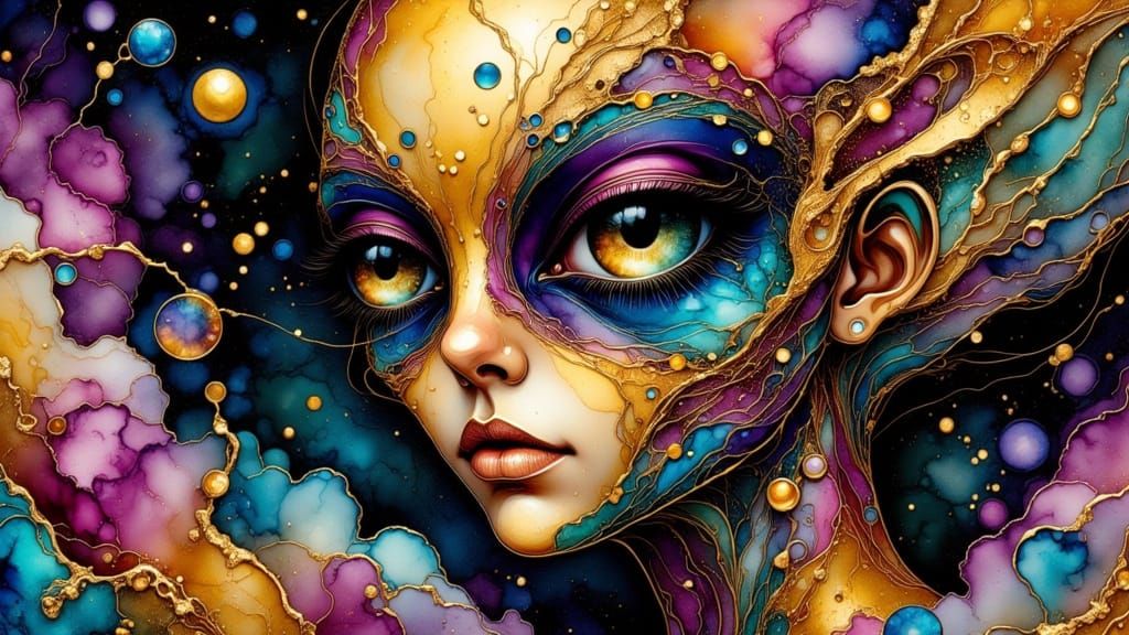 Mesmerizing Alien Portrait in Metallic Gold Foil